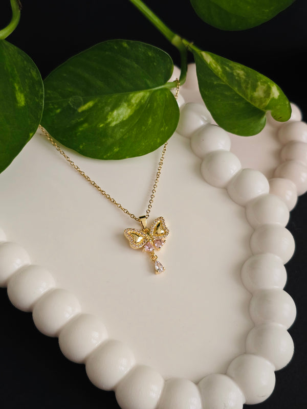 Gem Studded Bow Pendant Necklace