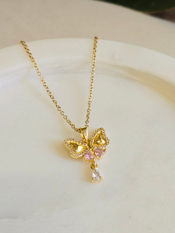 Gem Studded Bow Pendant Necklace