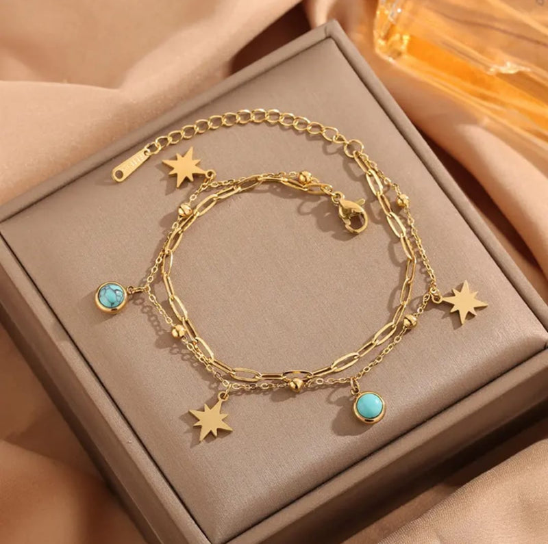 Double Layered Star and Aqua Charm Chain Bracelet