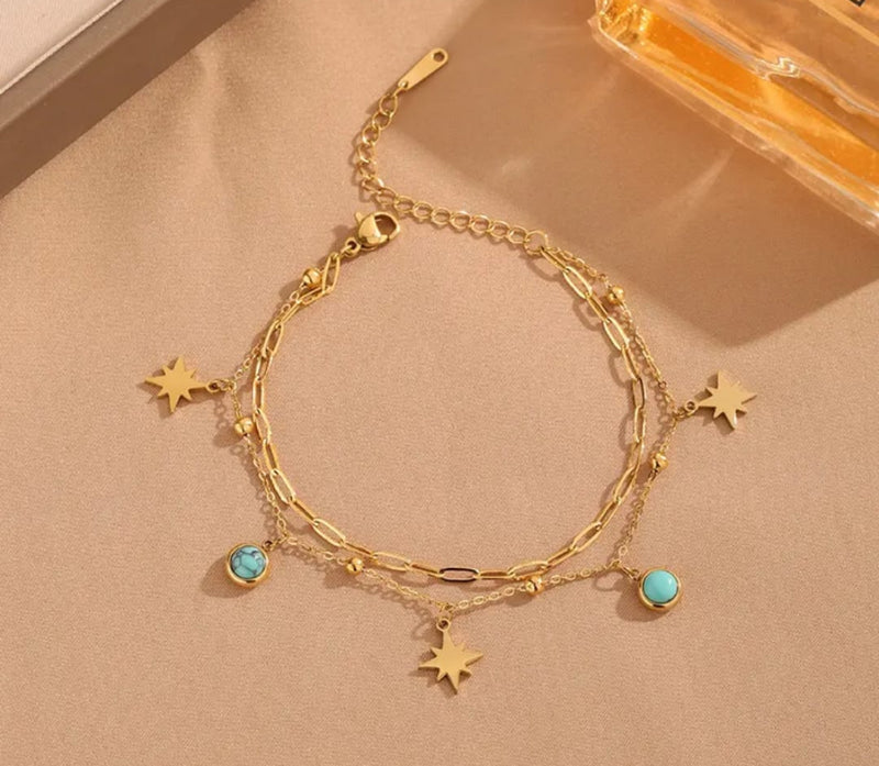Double Layered Star and Aqua Charm Chain Bracelet