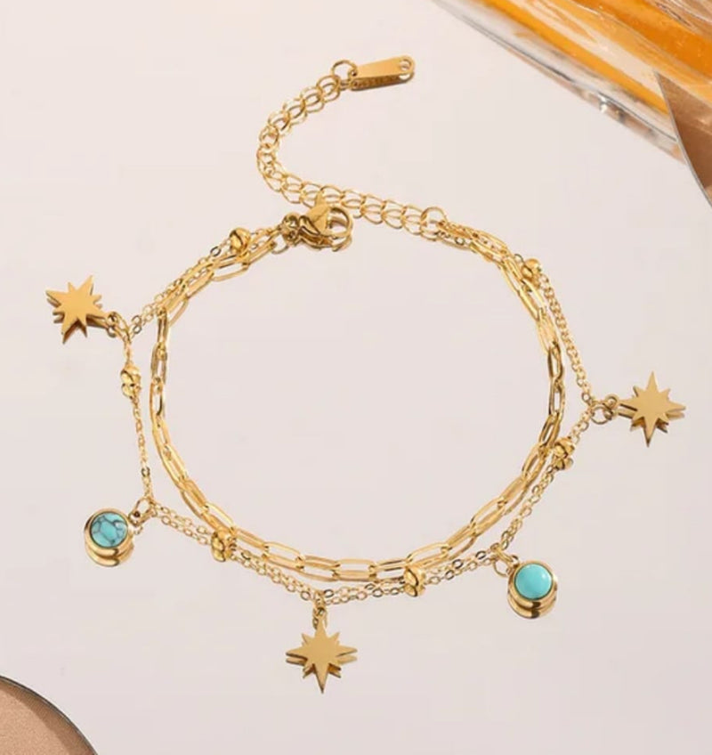 Double Layered Star and Aqua Charm Chain Bracelet